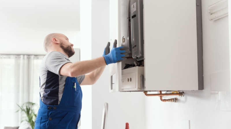 Operaio che installa una caldaia a condensazione